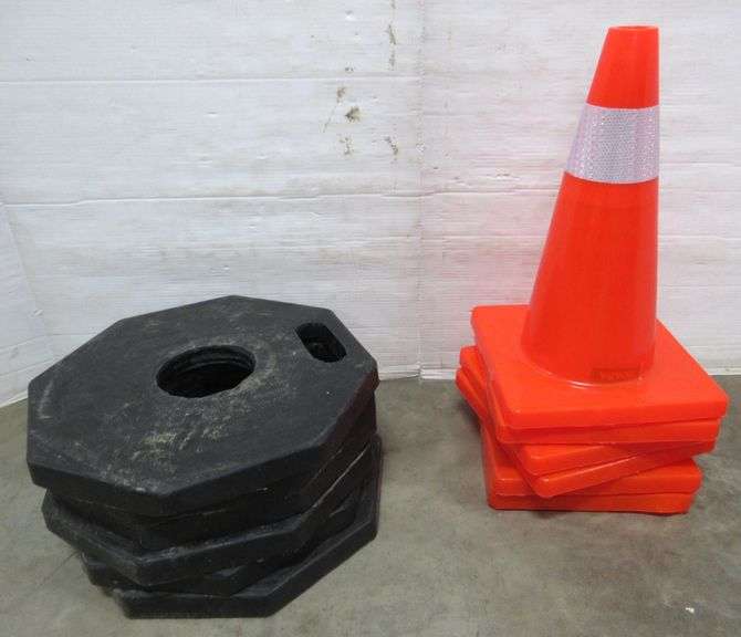 (6) Vevor 17" safety cones, and (6) Safety cone weights Albrecht
