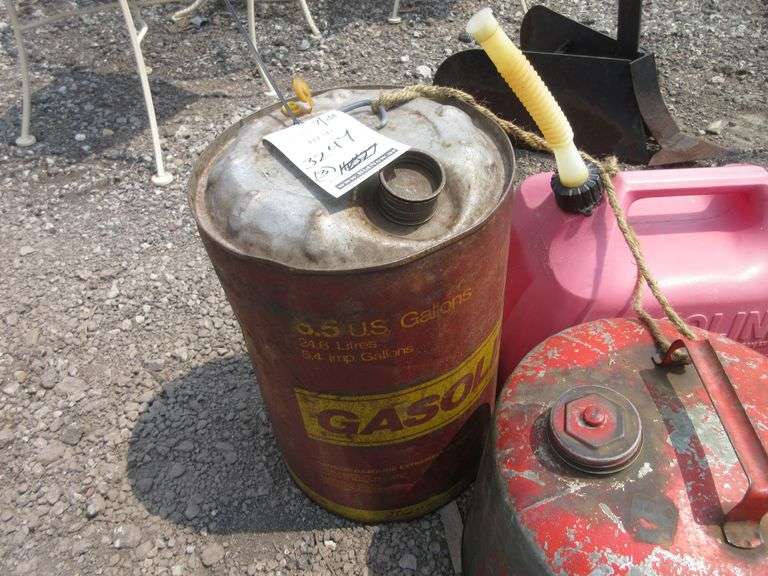 (3) Gas cans, includes John Deere 5Gallon metal can with original