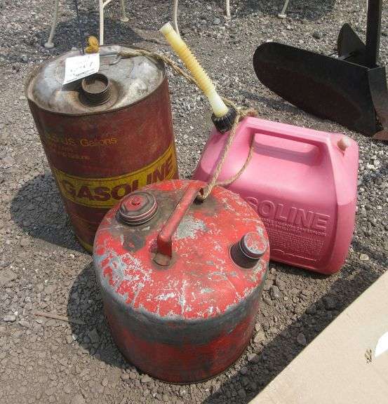 (3) Gas cans, includes John Deere 5Gallon metal can with original