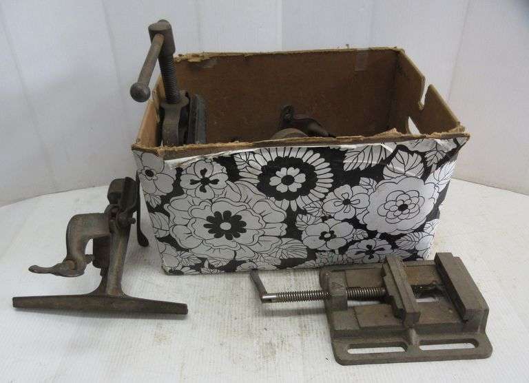 Box of vises, includes Pipe vise, drill press vise, (2) saw vises, (3