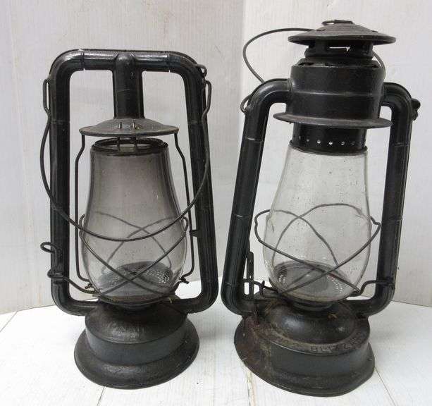 (2) Old kerosene lanterns, possibly over 100 years old, up to 14"H