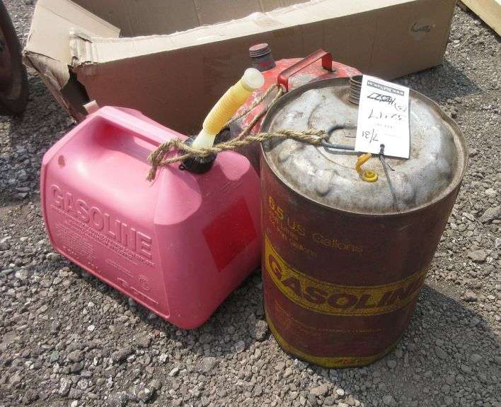 (3) Gas cans, includes John Deere 5Gallon metal can with original
