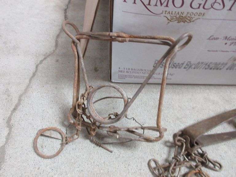 Box of traps, includes (11) Leg traps in two different sizes, and 14
