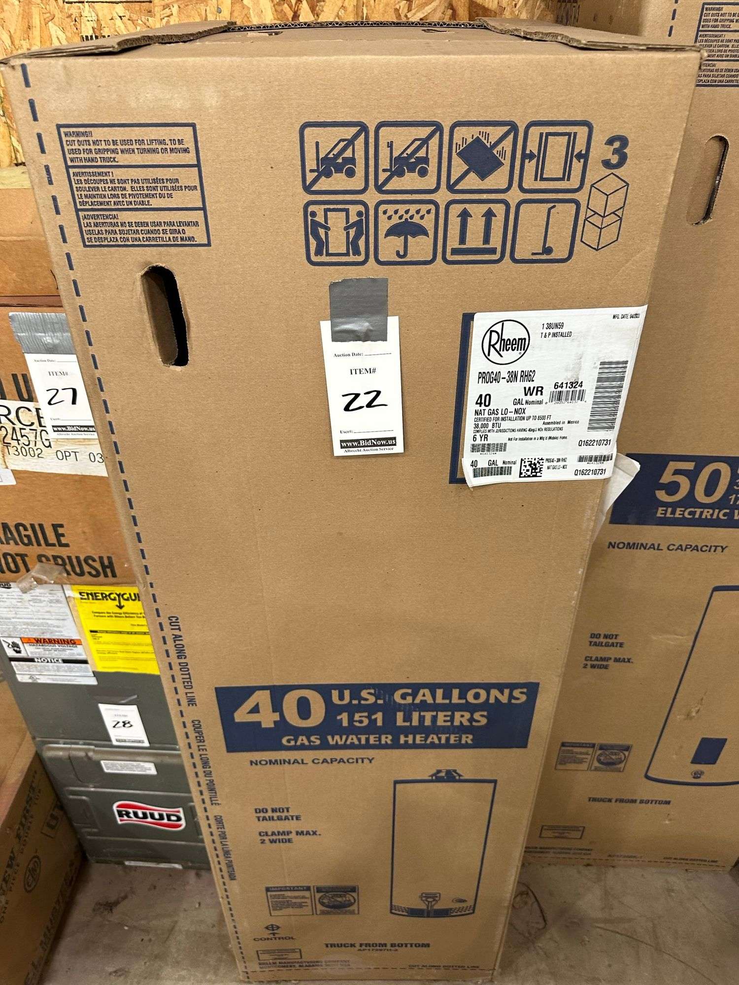 Rheem 40 Gallon Natural Gas Water Heater, PROG40-38N RH62, NIB - Albrecht  Auction Service