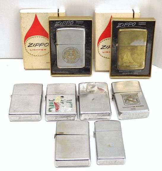 (8) Older Zippo lighters 2 in boxes, brassplated sailboat, 1950