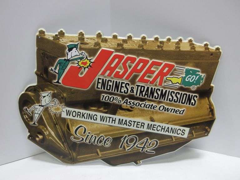 Jasper Engines and Transmissions sign, 20"W x 14"H, good Albrecht