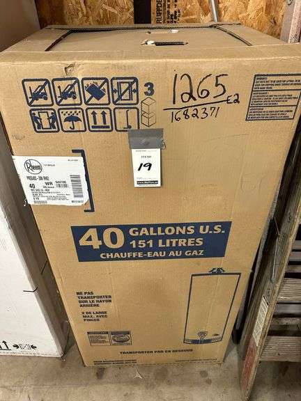 Rheem 40 Gallon Natural Gas Water Heater, PROG40S-38N RH62, NIB - Albrecht  Auction Service