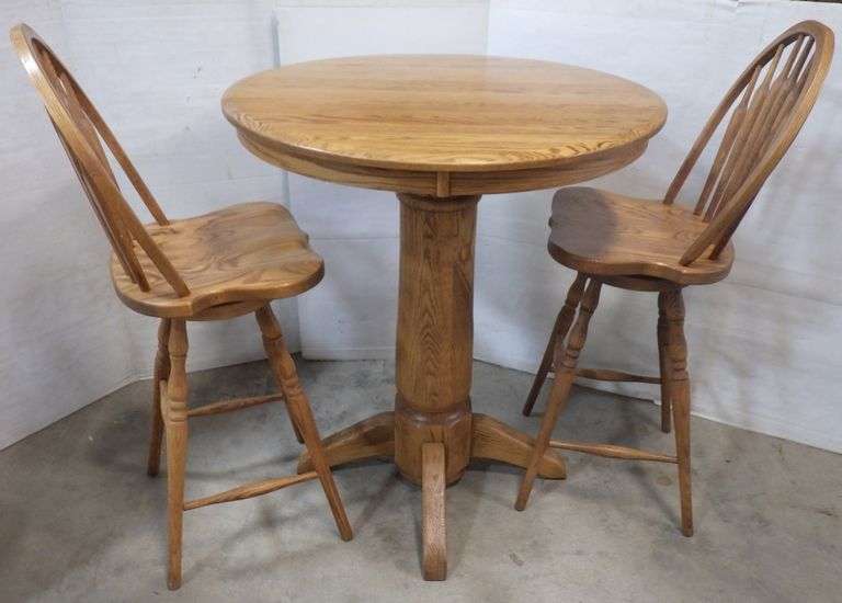 Gascho solid oak pub table and (2) solid oak stools, table 36"Dia x 41 3/4"H Albrecht Auction