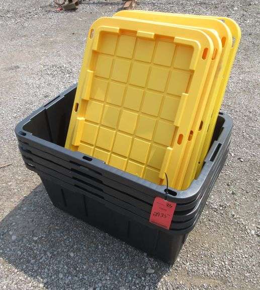 (5) Black tough boxes, 27Gallon storage totes, construction grade