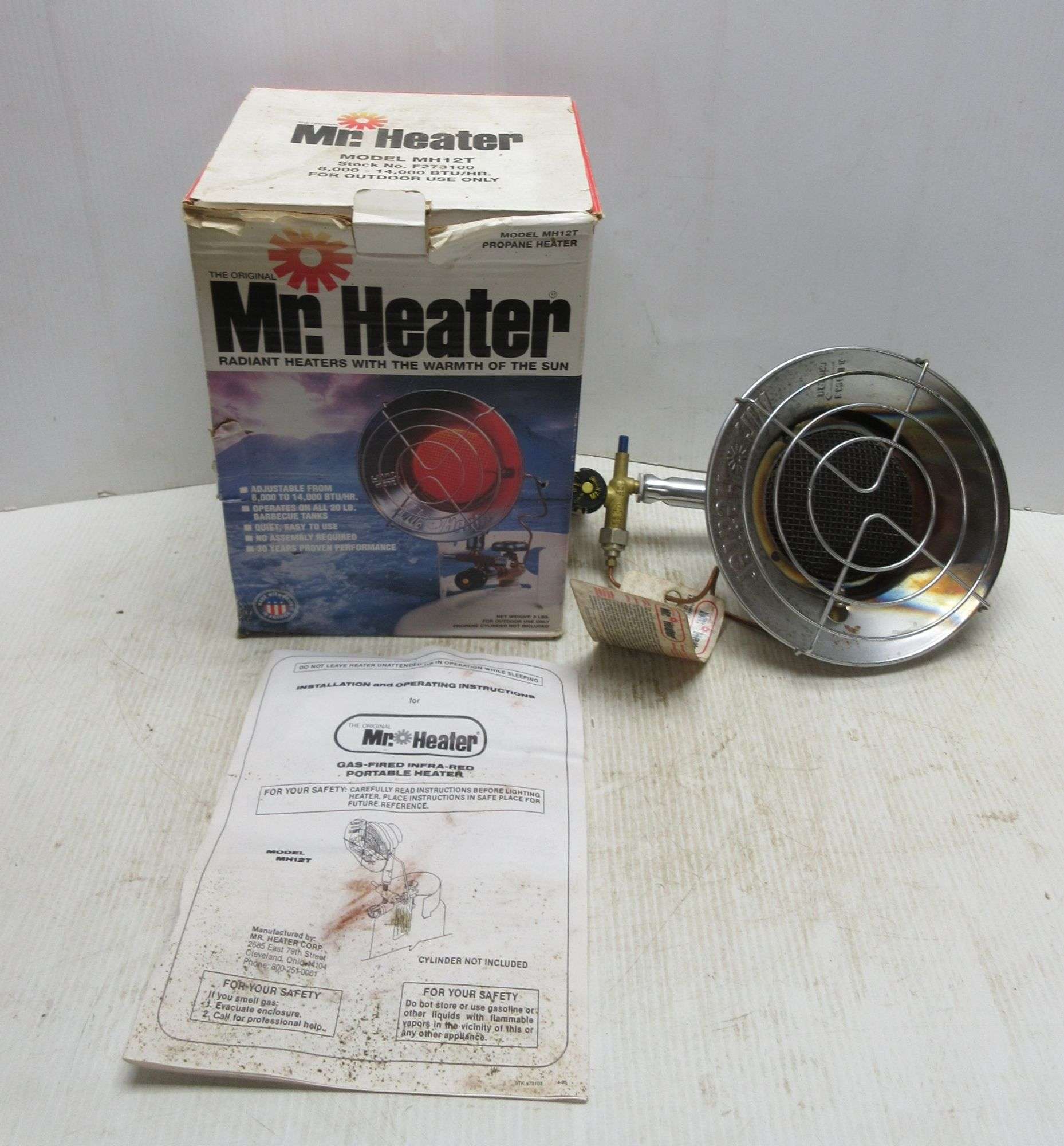 Mr. Heater propane heater, Model No. MH12T, adjustable from 8,000 to 14,000  BTU, with box and instructions, fits 2016 propane tanks, used, works -  Albrecht Auction Service