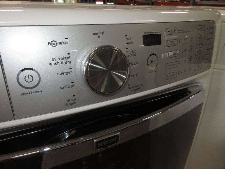 Maytag Maxima XL electric front loader washer with drawer base, has