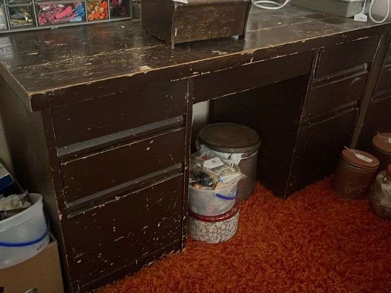 Vintage Solid Wood Student Desk with SixDrawers Apexx Auctions