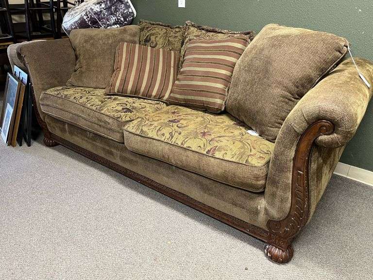 Brown and Wood Sofa with Throw Pillows Apexx Auctions