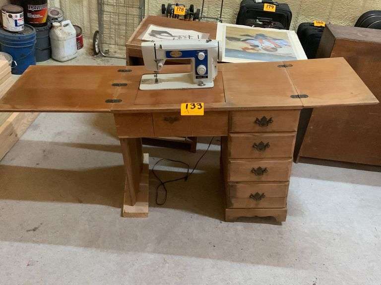 Vintage/Antique Wood Sewing Machine Table w/ NecchiAlco Model 300