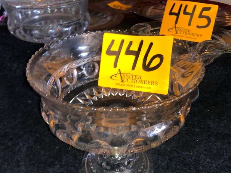 Indiana Clear Glass Kings Crown Thumbprint Ruffled Pedestal Compote, 7.