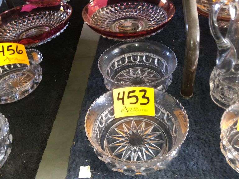 2 Indiana Clear Glass Kings Crown Thumbprint Ruffled Compotes, 8