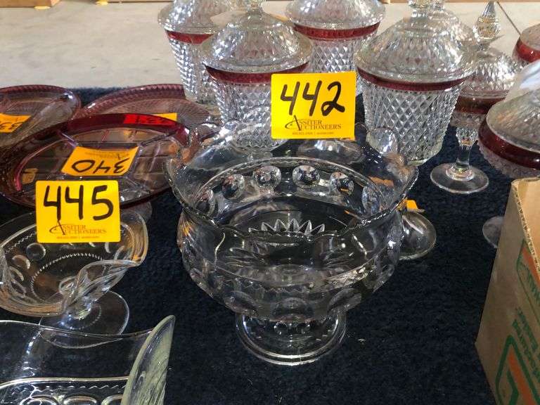 Indiana Clear Glass Kings Crown Thumbprint Ruffled Large Pedestal