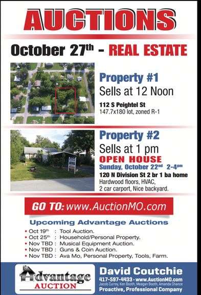 SOLD REAL ESTATE AUCTION SEYMOUR MO, FRI OCTOBER 27TH – 2 PROPERTIES