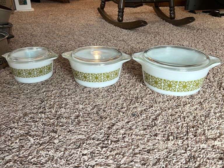 3 Pyrex Lidded Nesting Casserole Dishes Baer Auctioneers Realty, LLC