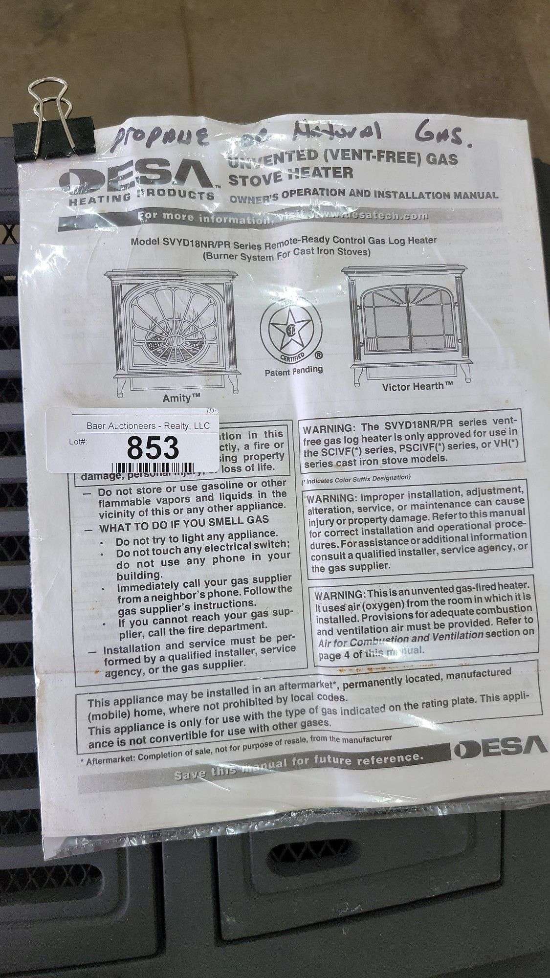 Desa Vent Free Gas Stove Heater, Propane Or Natural Gas - Baer Auctioneers  - Realty, LLC
