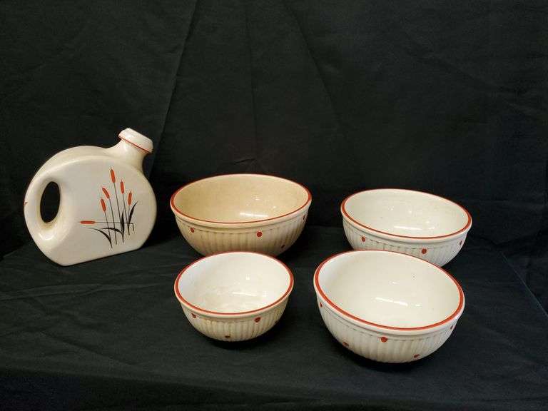Vintage Polka Dot Nesting Bowl Set and Sears Cattail Water Jug w