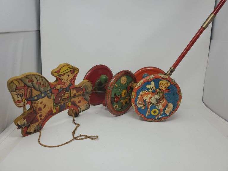 The Gong Bell 1940's Cowboy Horse Pull Toy And Push Toy, Baer