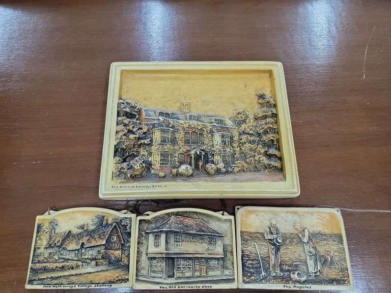 4 Vintage Chalkware Plaques, Home Of Charles Dickens, Ann Hathaway