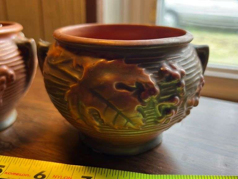 2 Small Roseville Orange and Green Floral Bushberry Vases Baer