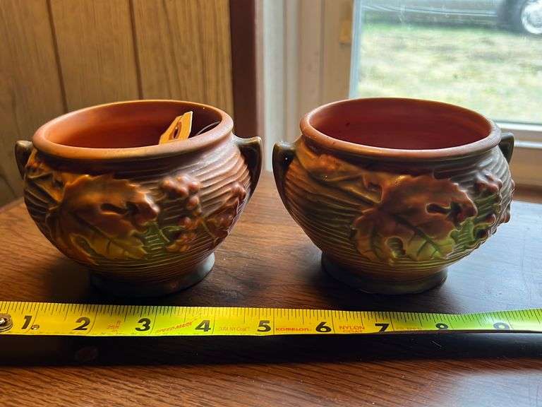 2 Small Roseville Orange and Green Floral Bushberry Vases Baer