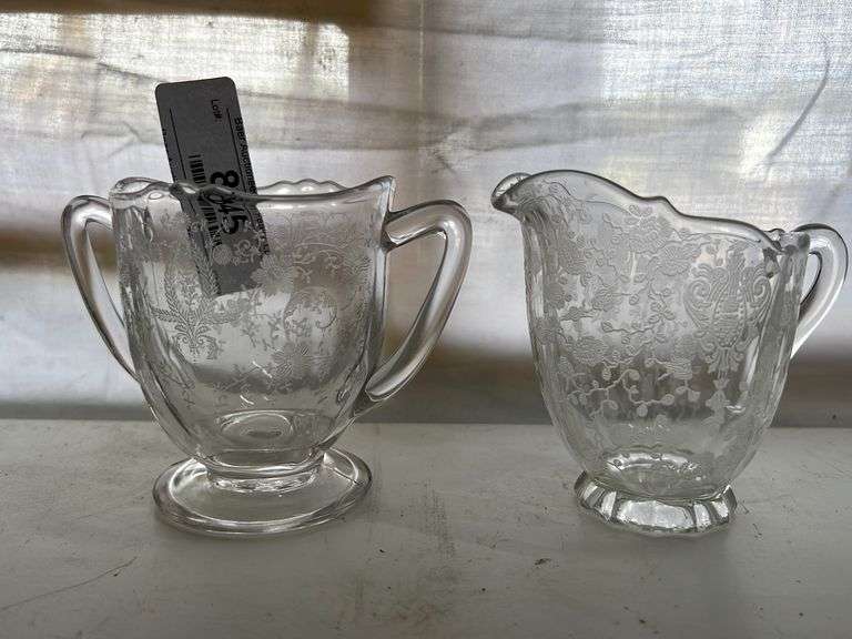 Vintage Etched Glass Creamer and Sugar Baer Auctioneers Realty, LLC