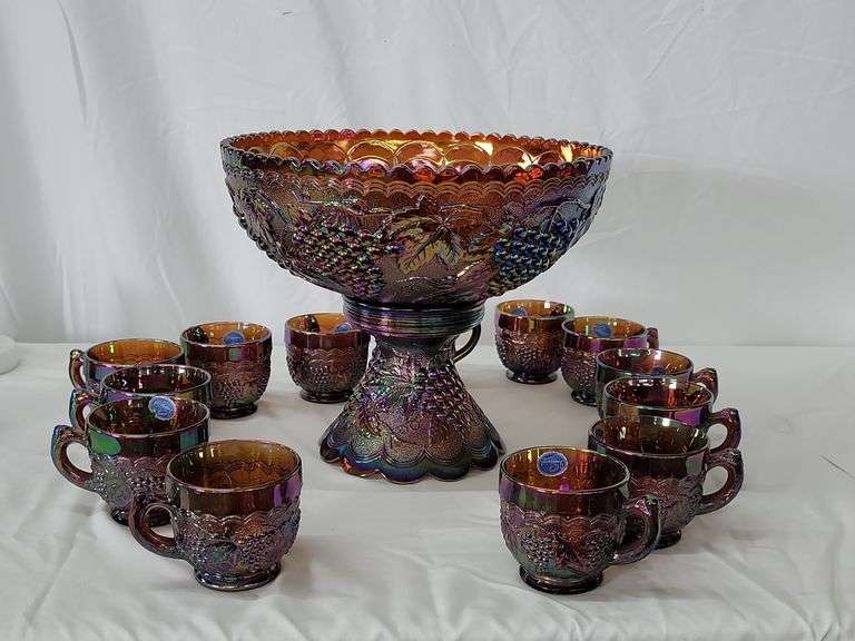 Imperial Glass Carnival Glass Punch Bowl Set W/ 12 Cups Baer