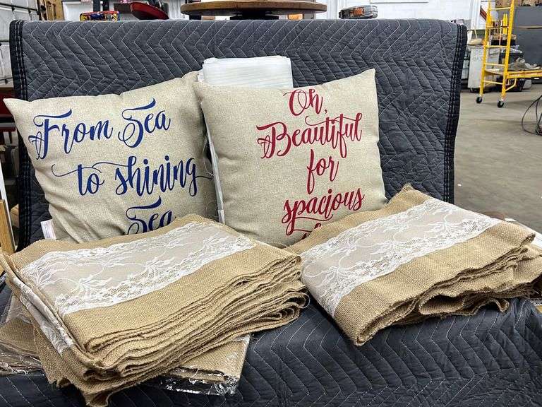 Burlap and Lace Table Runners, 2 Decorative Throw Pillows, Assorted