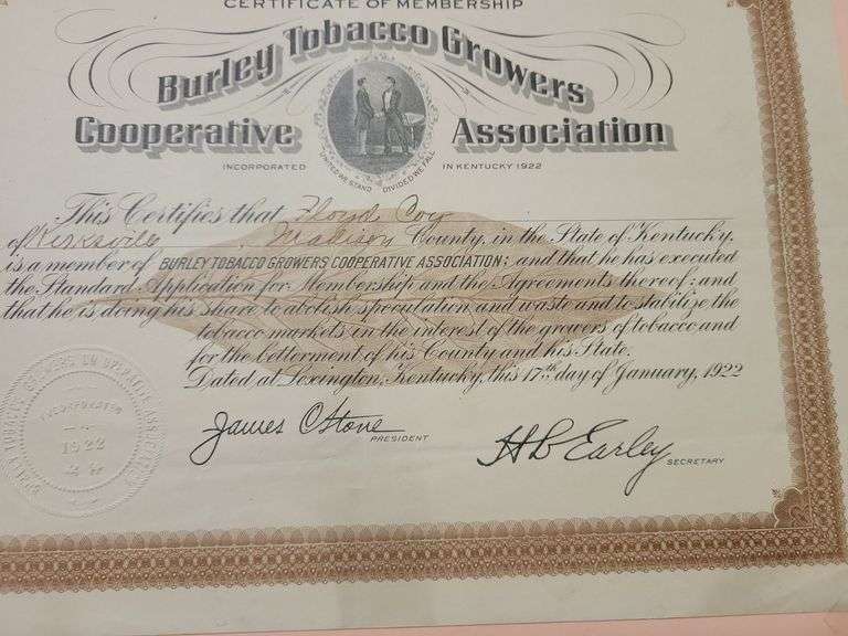 KY Certified Stamped 1922 Burley Tobacco Growers Certificate Baker