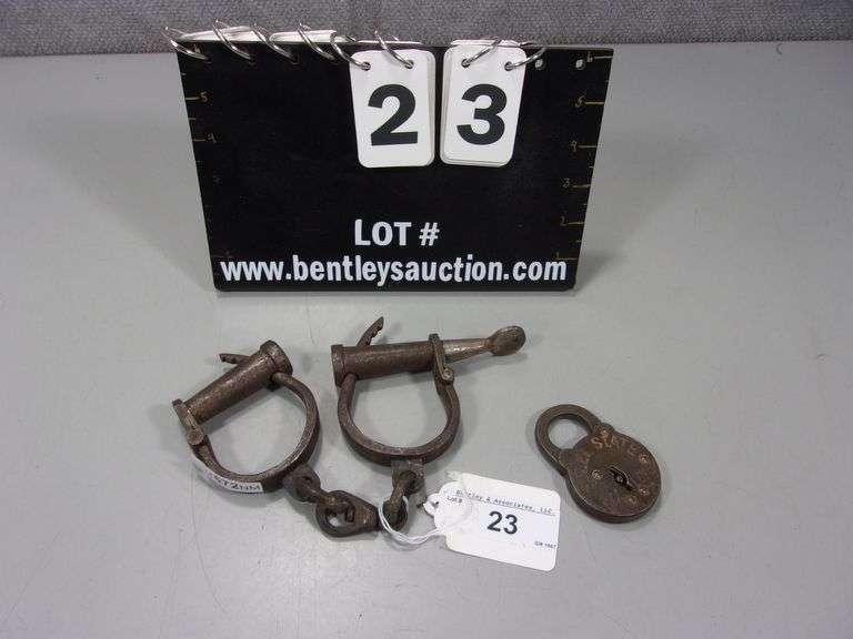ANTIQUE LOCK & SHACKLES IRON SHACKLES/HAND CUFFS & STEEL STATE SIX