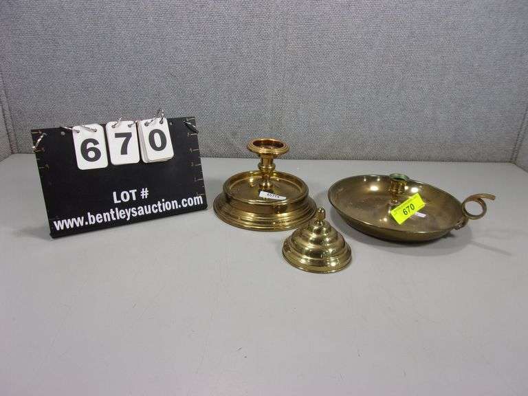 BRASS CANDLE HOLDERS W/ WAX DRIP PANS Bentley & Associates, LLC