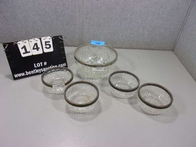 LOT 5 SILVER PLATE RIMMED PRESSED PATTERN GLASS SALAD BOWL SET Bentley & Associates, LLC