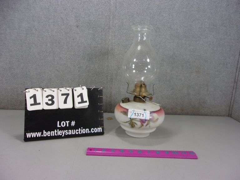 VINTAGE STYLE MILK GLASS OIL LAMP W/ FLORAL DESIGN & GLASS FLUE