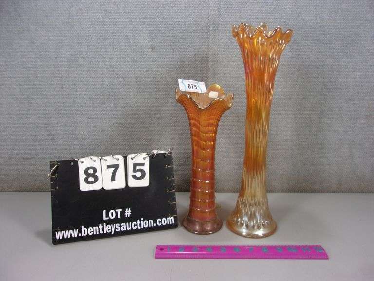 LOT 2 ORANGE CARNIVAL GLASS VASES IMPERIAL MARIGOLD TORSADE RUFFLED