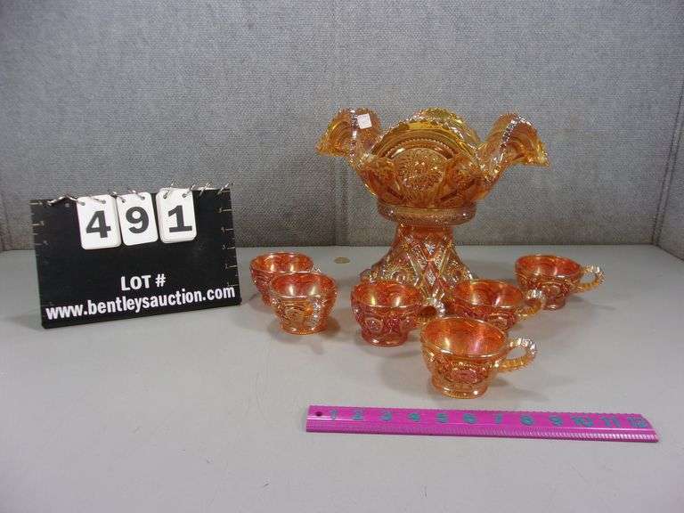 LOT 8 OLD IMPERIAL STYLE ORANGE CARNIVAL GLASS PEDESTAL PUNCH BOWL SET W/ 6 CUPS Bentley