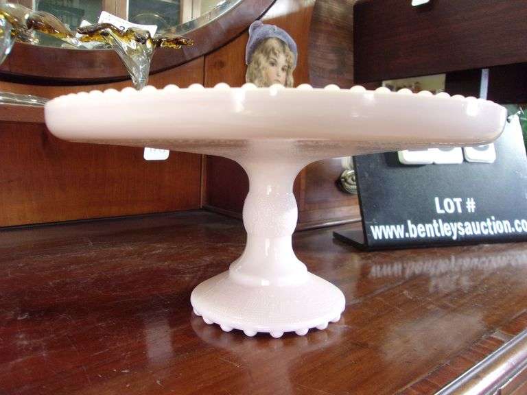 1960 SHELL PINK MILK GLASS CAKE STAND Bentley & Associates, LLC