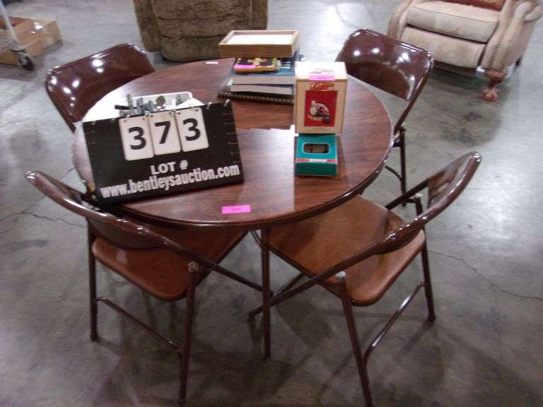 BROWN METAL SAMSONITE FOLDING CARD TABLE & 4 CHAIRS (5X MONEY