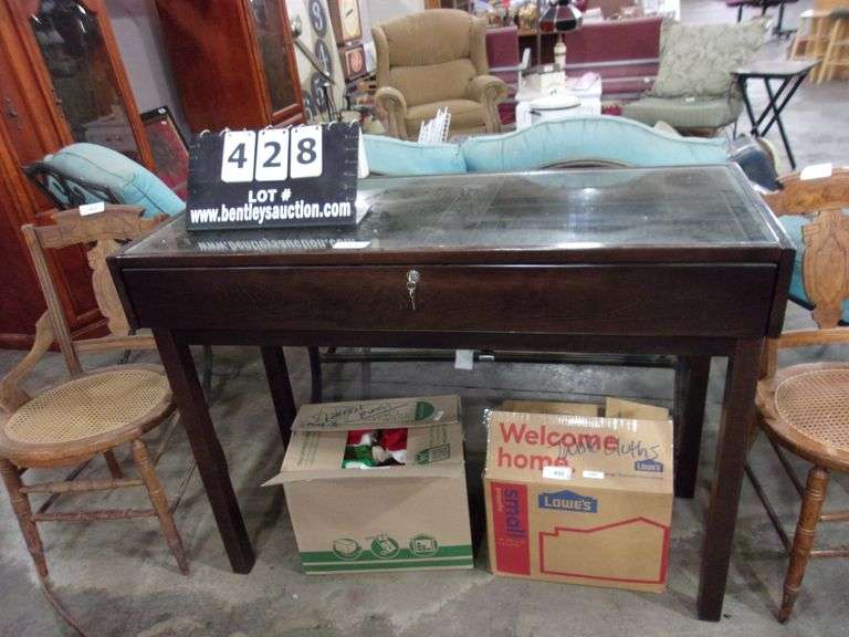 DARK STAINED WOOD ENTRY TABLE W/ (2) PULLOUT DRAWERS & GLASS TOP, 48