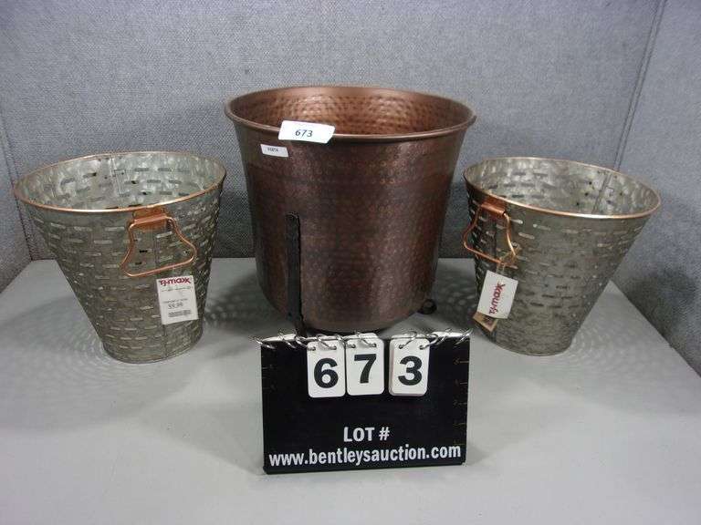 LOT METAL BROWN PLANT POT & 2ALUMINUM TJ MAXX METAL TRASH BINS