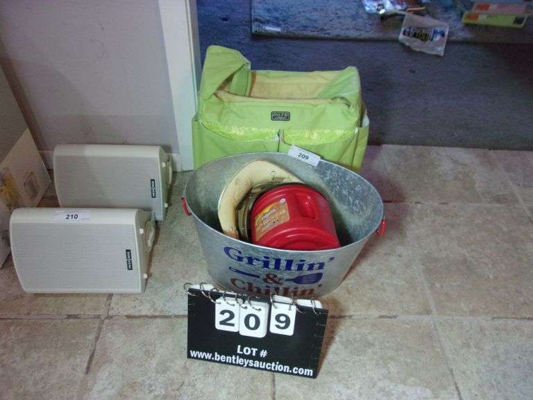 LOT "GRILLIN & CHILLIN" TIN BUCKET, FOLGERS COFFEE TUB, HARD HAT