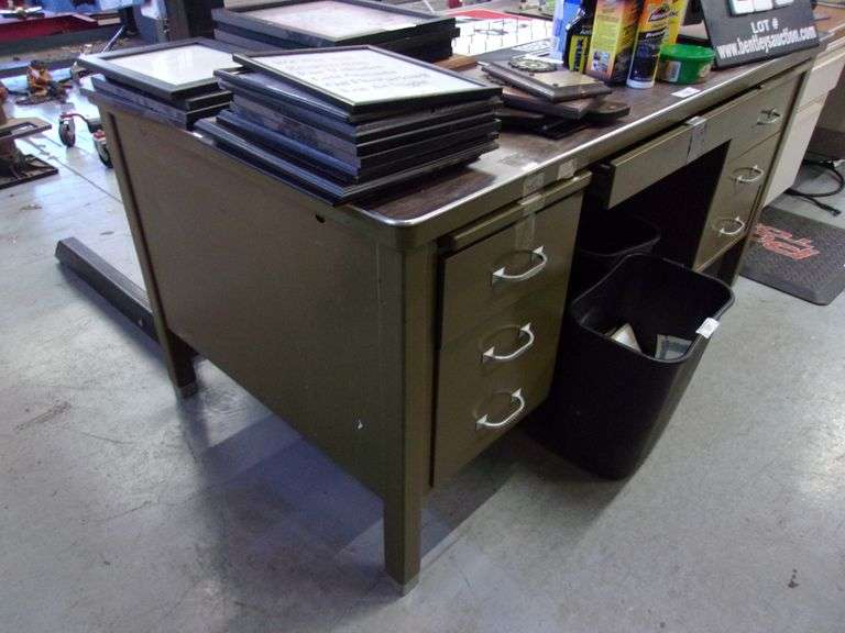 MILITARY STYLE METAL FRAME 7 DRAWER WOOD TOPPED DESK - Bentley ...