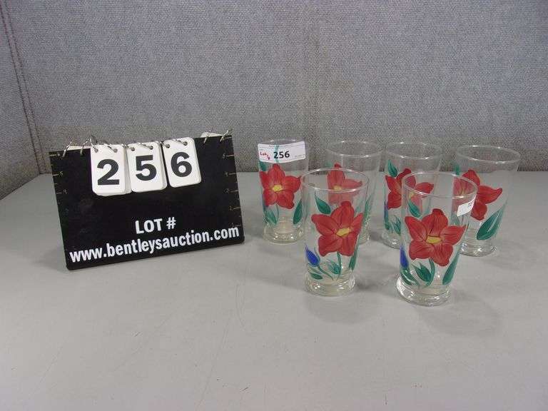 6 CLEAR PRESSED GLASS CUPS W/ HAND PAINTED RED & BLUE FLOWERS Bentley & Associates, LLC
