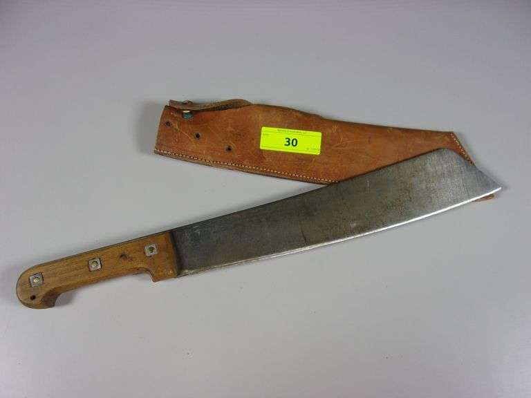 VINTAGE STEEL PRIMITIVE TOBACCO/CORN KNIFE 14" BLADE W/ BROWN LEATHER SHEATH Bentley