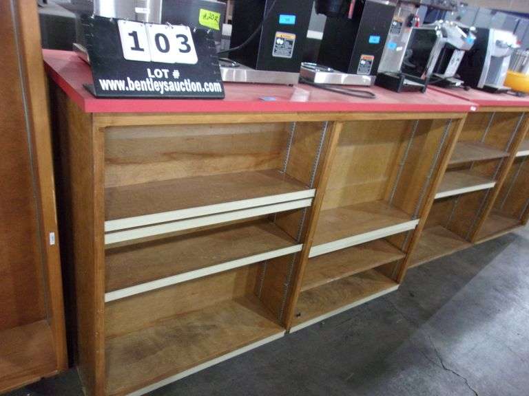 LARGE WOODEN SHELVING UNIT W/ (6) SHELVES & RED FORMICA TOP (HORIZONTAL