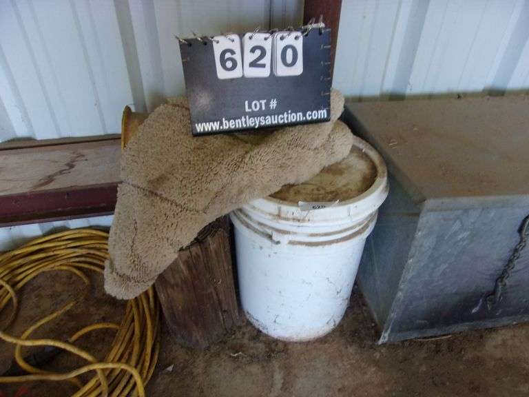 LOT WOOD LOGS, YELLOW BUCKET, 15 GALLON BUCKET W/ ROPE & CHAIN