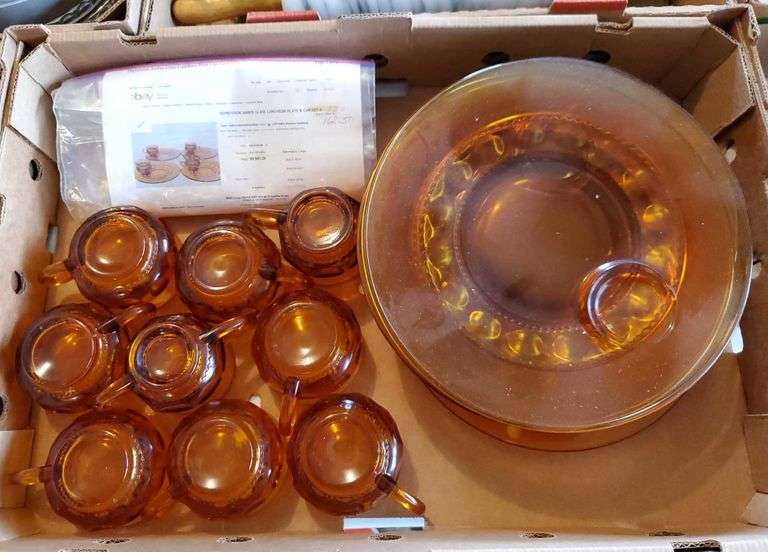 Depression amber glass luncheon plate and cup set.. garage BidAssets